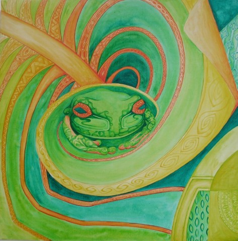 Acrylbild eine stilisierten Frosches in orange und grünen Tönen